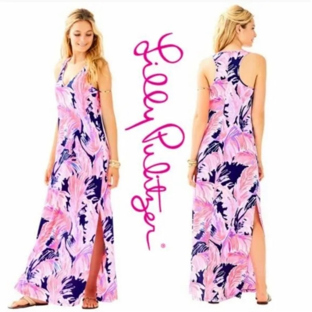 Lilly pulitzer Kerri maxi dress paradise point S. It’s Pink and blue palm frond.